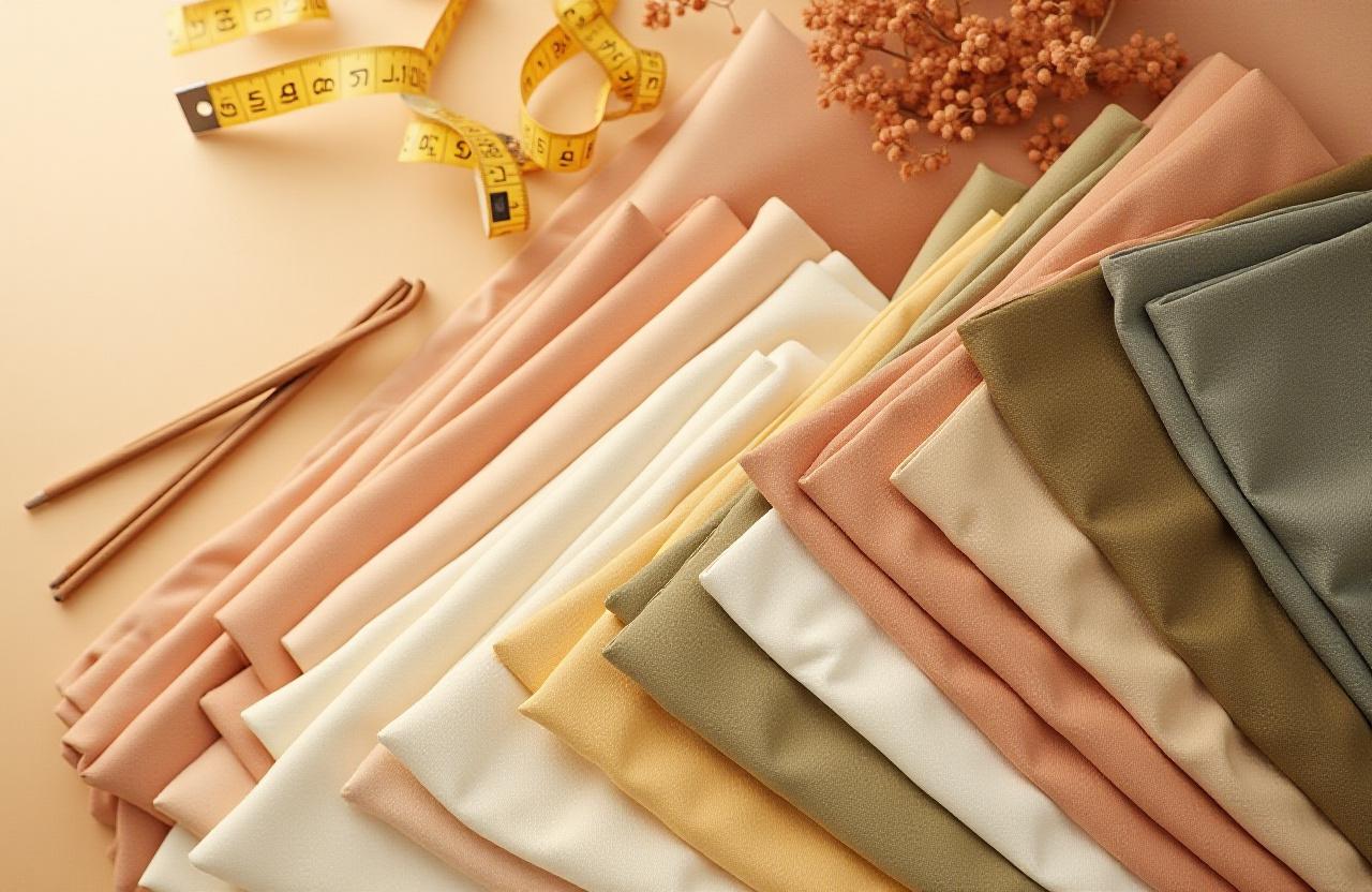 Muestras de telas organizadas por paleta de colores cálidos